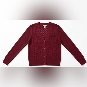 Serra Women's Burgundy Open-Knit V-Neck Button Cardigan XL 100% Cotton EUC